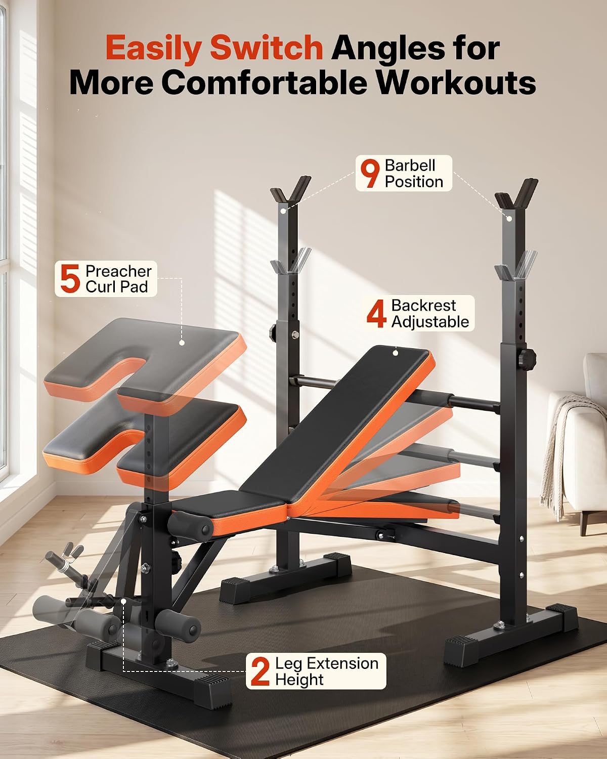 6-in-1 Compact Foldable Weight Bench with Rack