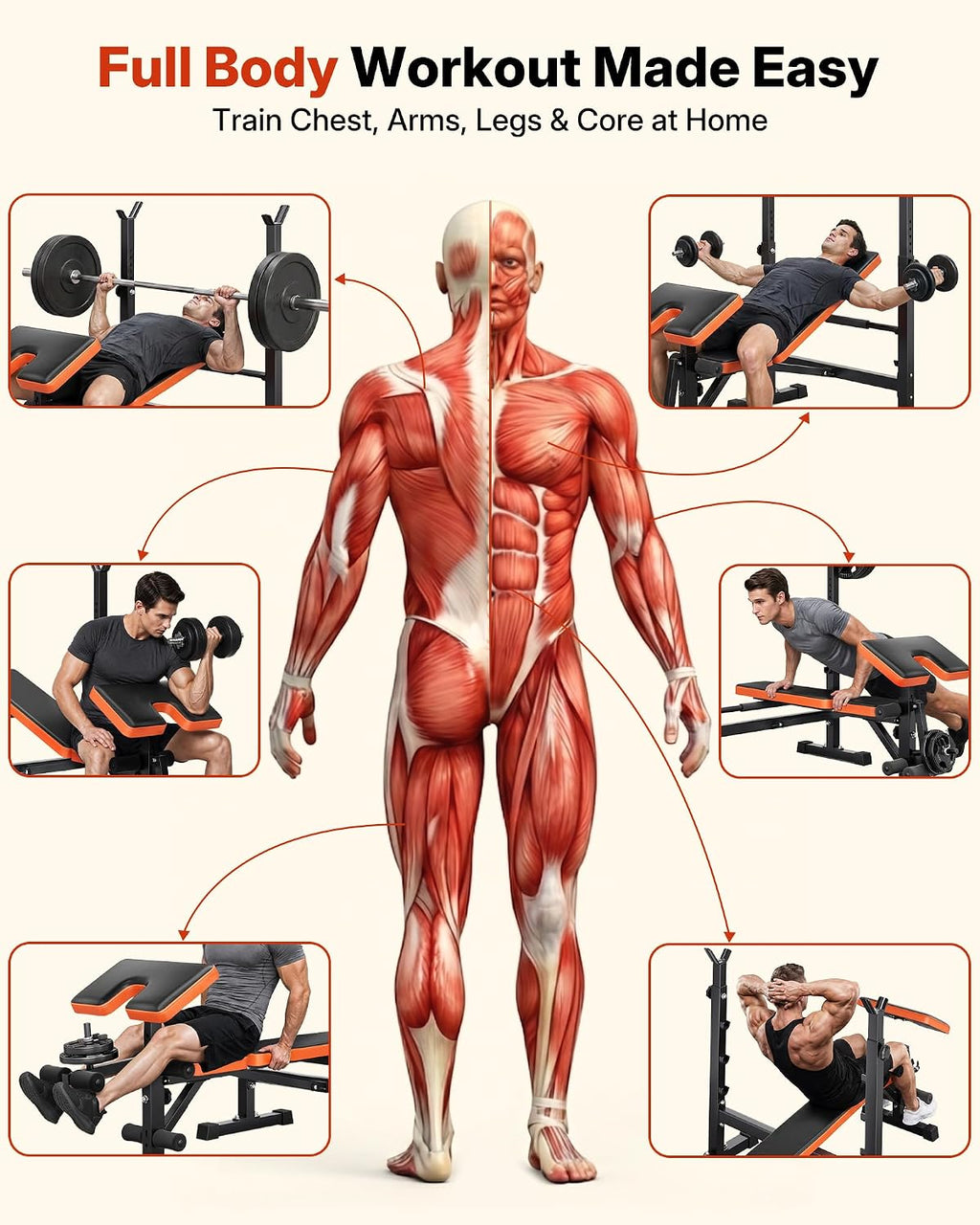 6-in-1 Compact Foldable Weight Bench with Rack