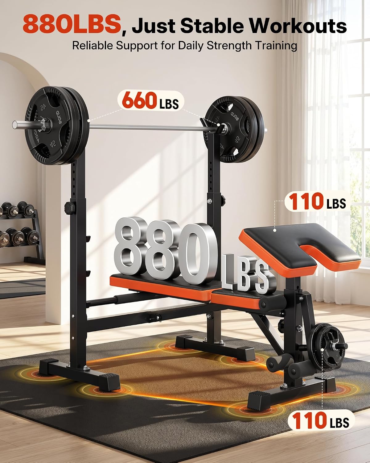 6-in-1 Compact Foldable Weight Bench with Rack