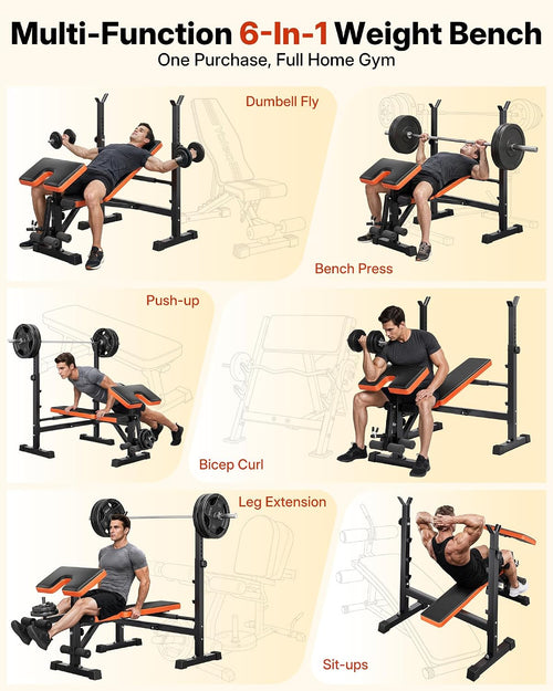 6-in-1 Compact Foldable Weight Bench with Rack